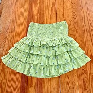 LoveShackFancy x Target Light Green Floral Smocked Tiered Ruffle Mini Skirt S